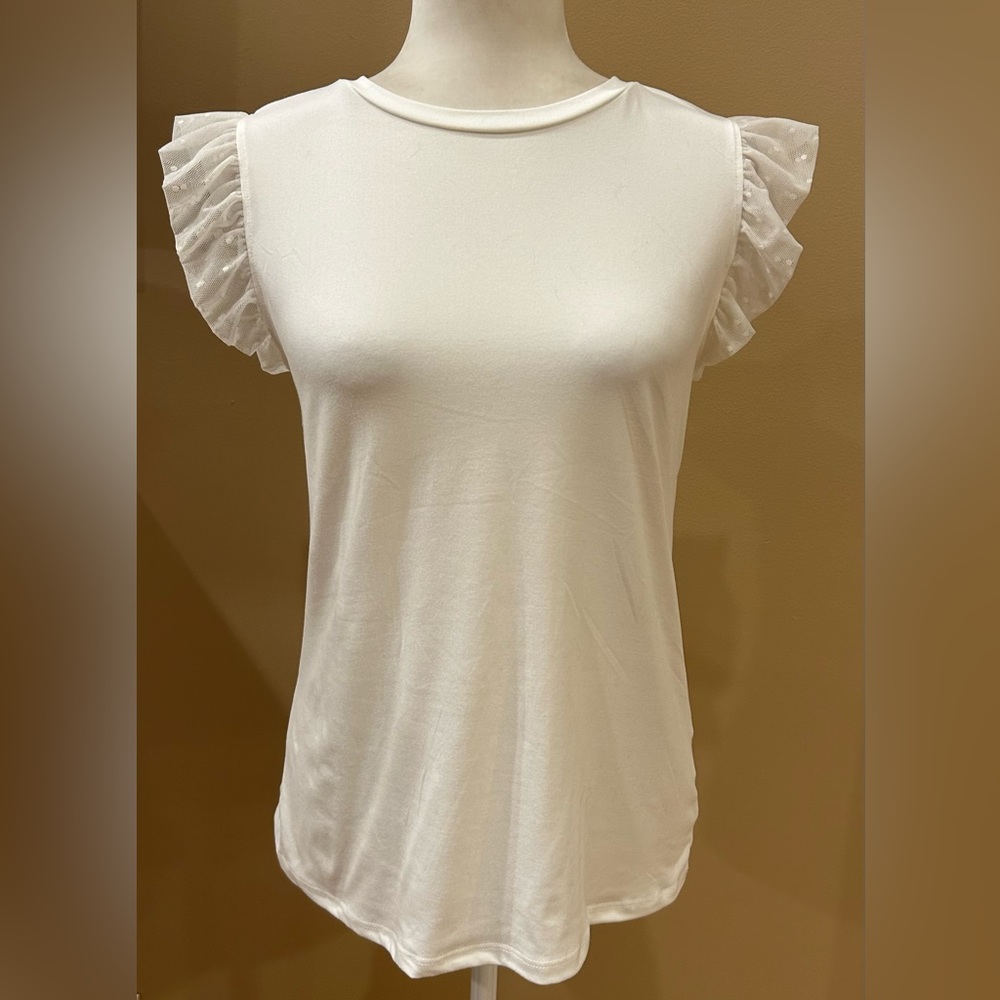 Les Amis White Tee with a Polka Dot Ruffle Cap Sleeve, Size S